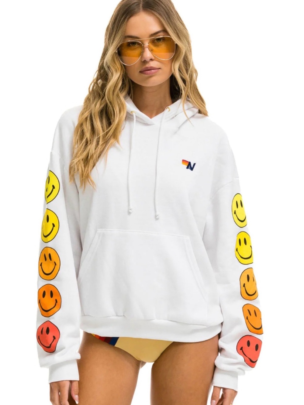 Aviator Nation White Hoodie with Yellow, Orange & Red Smiley Sleeves